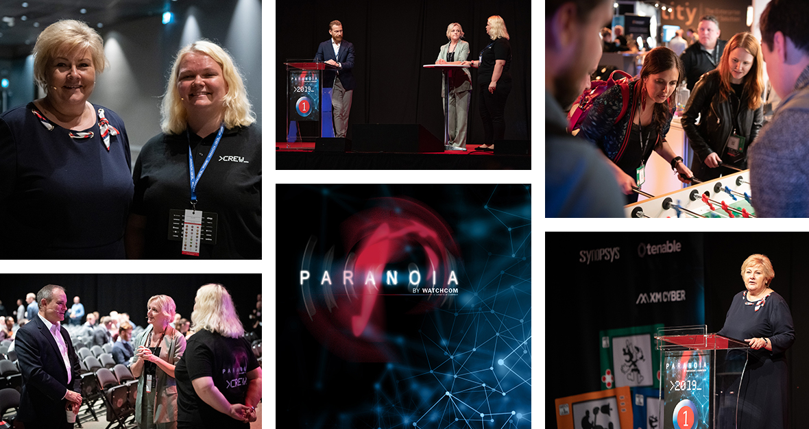 Bilder från Paranoia 2019, bland annat syns Norges statsminister Erna Solberg (key note på Paranoia), Michael Daniel (Cyber Threat Alliance, CTA), Anette Roll Richardsen (vd Watchcom) och Hans Danielsson (konferencier, Combitech). Fotograf: Mark Stegelmann